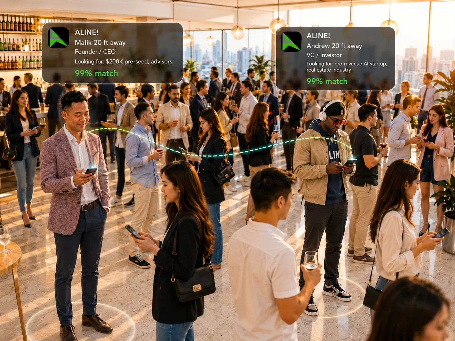 A rooftop reception full of professionals on their phones, with two ALINE notifications overhead: a founder and an investor 20 feet apart, both a 99% match